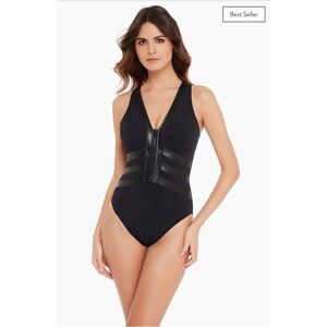Magicsuit BLACK Moto Chic Sean Zipper Front One Piece Swimsuit, US 12‎